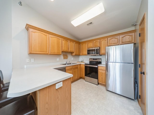 1355 SE 6th St Unit 301, Grimes, IA 50111 - kitchen with stainless steel appliances, vaulted ceiling, a peninsula, a sink, and light countertops