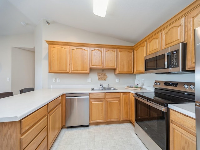 1355 SE 6th St Unit 301, Grimes, IA 50111 - kitchen with appliances with stainless steel finishes, vaulted ceiling, a peninsula, light countertops, and a sink
