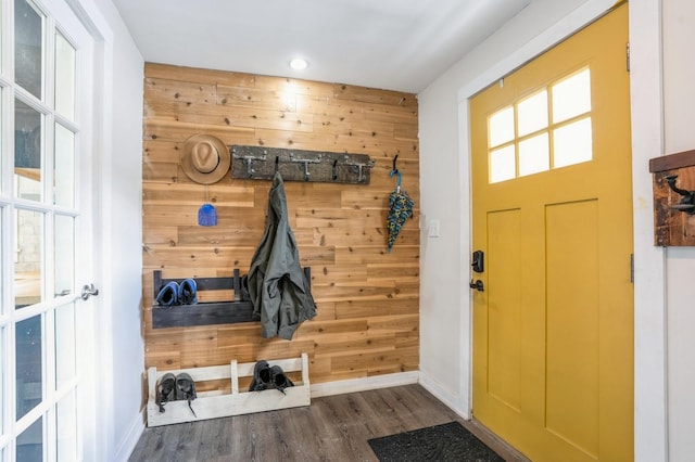 140 N 7th St, Carlisle, IA 50047 - mudroom featuring wooden walls, baseboards, wood finished floors, and recessed lighting