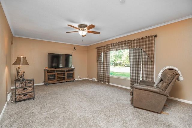 1617 Evergreen Ave, Des Moines, IA 50320 - sitting room featuring ceiling fan, baseboards, carpet flooring, and crown molding