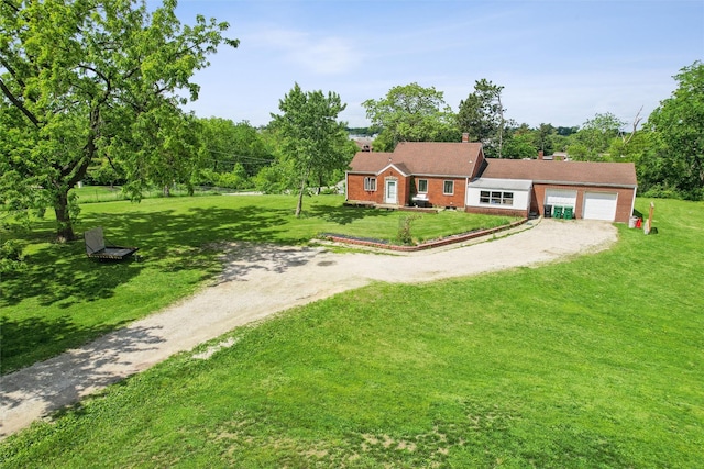 5255 Meredith Dr, Des Moines, IA 50310 - ranch-style home with driveway, a front lawn, an attached garage, a chimney, and view of scattered trees