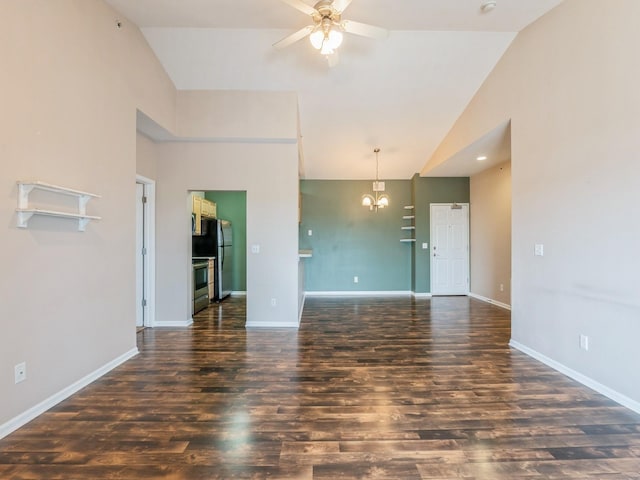 6255 Beechtree Dr Unit 4304, West Des Moines, IA 50266 - unfurnished living room featuring high vaulted ceiling, a ceiling fan, a chandelier, wood finished floors, and baseboards