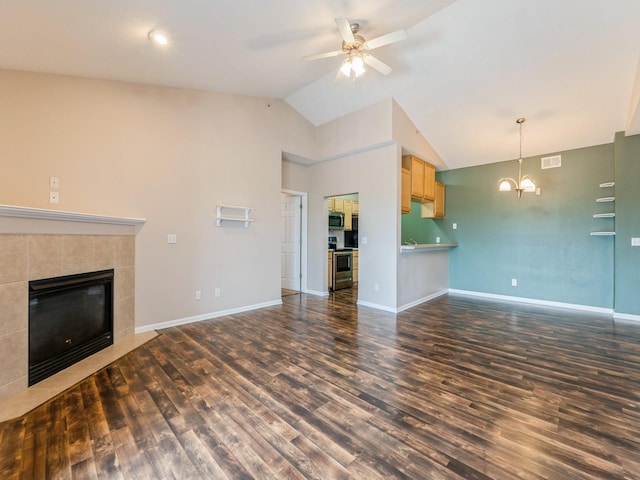 6255 Beechtree Dr Unit 4304, West Des Moines, IA 50266 - unfurnished living room with wood finished floors, a chandelier, lofted ceiling, ceiling fan, and baseboards