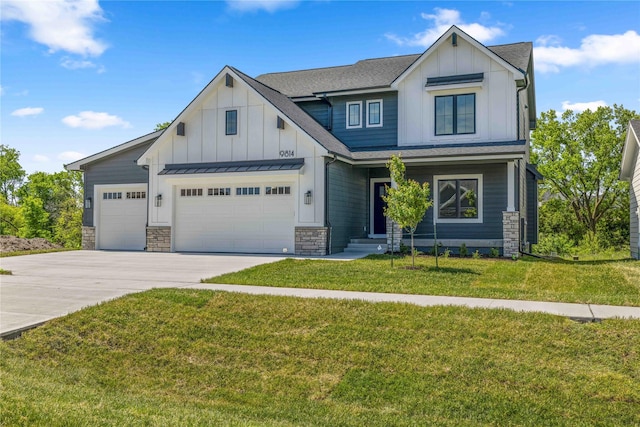 9814 Watermeadow Cir, Johnston, IA 50131 - view of front of property with board and batten siding, concrete driveway, an attached garage, a front yard, and stone siding