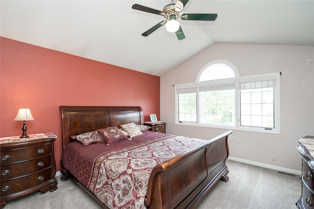 6640 Monticello Ct, Johnston, IA 50131 - bedroom featuring light carpet, vaulted ceiling, baseboards, and a ceiling fan