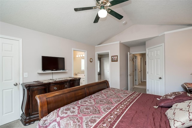 6640 Monticello Ct, Johnston, IA 50131 - bedroom with lofted ceiling, carpet, a ceiling fan, ensuite bath, and a textured ceiling