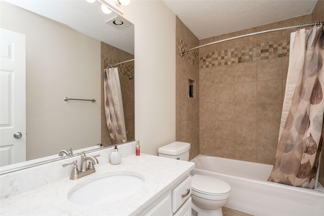 6640 Monticello Ct, Johnston, IA 50131 - bathroom with vanity, shower / tub combo with curtain, toilet, and a textured ceiling