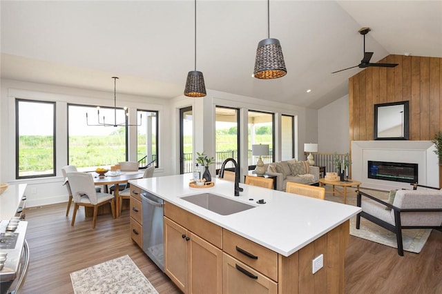 1511 Boulder Creek Ct SE, Altoona, IA 50009 - kitchen with a sink, stainless steel dishwasher, lofted ceiling, light wood-type flooring, and light countertops
