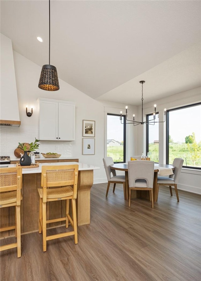 1511 Boulder Creek Ct SE, Altoona, IA 50009 - kitchen featuring light countertops, dark wood-type flooring, vaulted ceiling, white cabinetry, and plenty of natural light