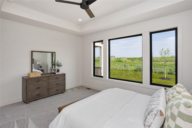 1511 Boulder Creek Ct SE, Altoona, IA 50009 - bedroom with light colored carpet, baseboards, a raised ceiling, a ceiling fan, and recessed lighting