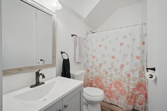 3421 Amherst St, Des Moines, IA 50313 - full bath featuring vanity, toilet, a shower with curtain, wood finished floors, and lofted ceiling