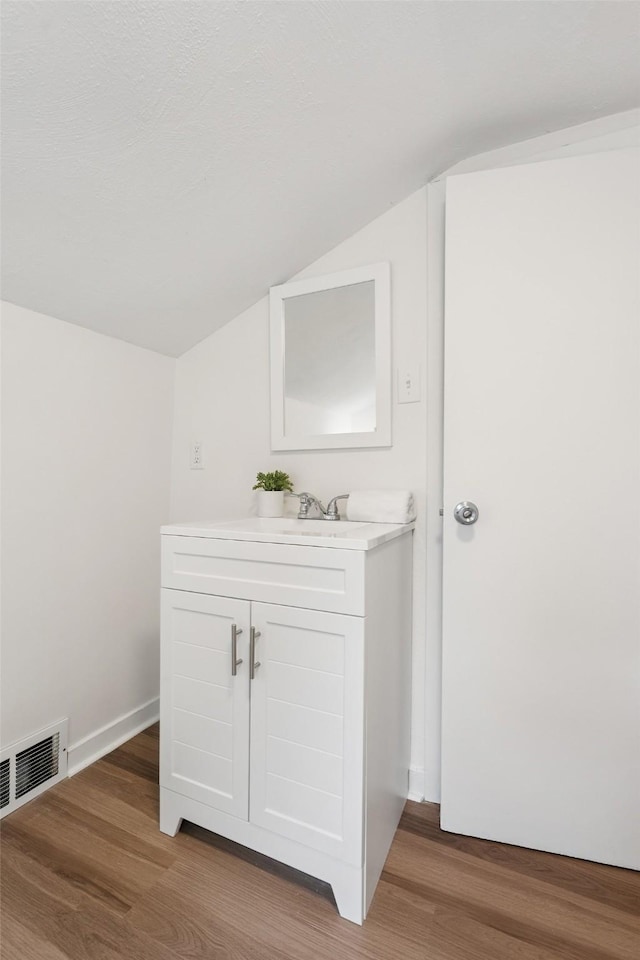 827 40th Pl, Des Moines, IA 50312 - bathroom featuring vaulted ceiling, wood finished floors, and vanity
