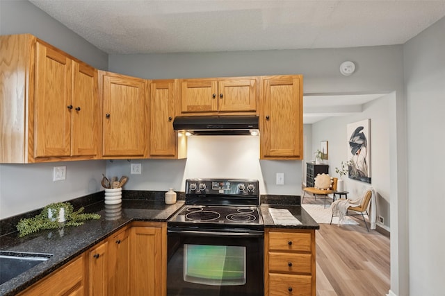 827 40th Pl, Des Moines, IA 50312 - kitchen with black range with electric stovetop, under cabinet range hood, light wood-style flooring, and dark stone counters