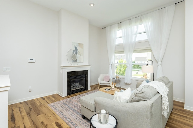 196 79th St, West Des Moines, IA 50266 - living area featuring a glass covered fireplace, baseboards, wood finished floors, and recessed lighting