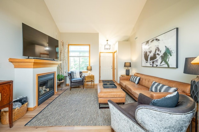 5221 Village Run Ave Unit 402, Des Moines, IA 50317 - living area featuring vaulted ceiling, wood finished floors, and a glass covered fireplace