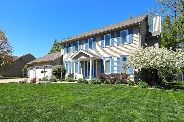 5909 Brookview Dr, West Des Moines, IA 50266 - colonial-style house with an attached garage, a chimney, a front yard, and driveway