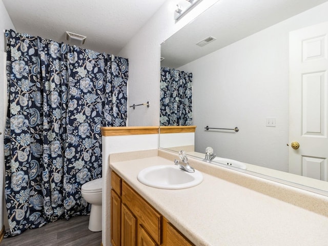 5213 SE 30th St, Des Moines, IA 50320 - bathroom with wood finished floors, toilet, vanity, and a shower with curtain