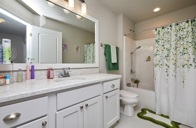 1880 Brodie St, Waukee, IA 50263 - bathroom with vanity, toilet, shower / tub combo with curtain, tile patterned flooring, and recessed lighting