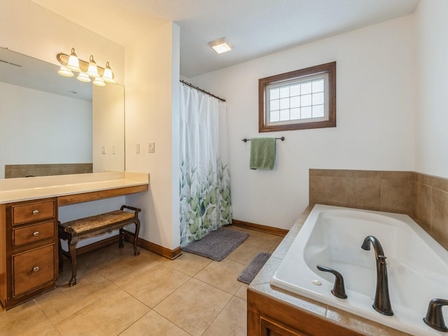 8305 Century Dr, West Des Moines, IA 50266 - bathroom with a garden tub, tile patterned floors, curtained shower, and vanity
