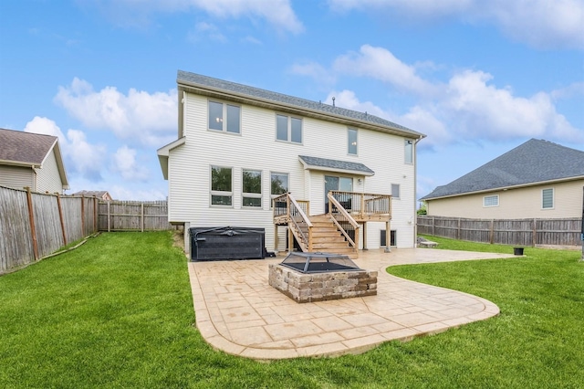 8305 Century Dr, West Des Moines, IA 50266 - rear view of house with a patio area, a fenced backyard, a deck, stairs, and a hot tub