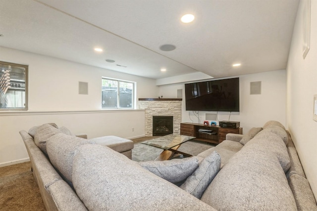 8305 Century Dr, West Des Moines, IA 50266 - living area featuring carpet floors, a stone fireplace, and recessed lighting
