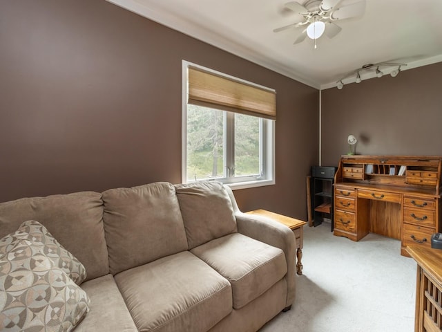 1506 W 17th St S, Newton, IA 50208 - office with light carpet, a ceiling fan, ornamental molding, and rail lighting