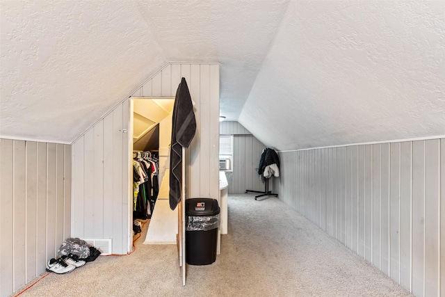 1452 55th St, Des Moines, IA 50311 - additional living space with a textured ceiling, lofted ceiling, carpet floors, and wooden walls