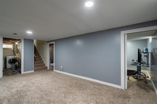 1452 55th St, Des Moines, IA 50311 - below grade area with carpet flooring, stairs, baseboards, and recessed lighting