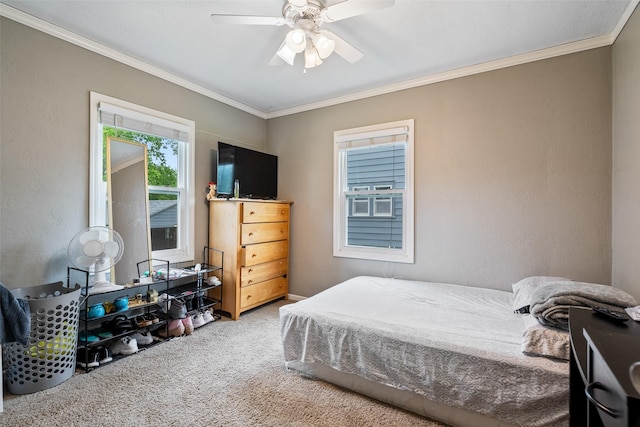 1452 55th St, Des Moines, IA 50311 - bedroom with carpet floors, crown molding, and ceiling fan