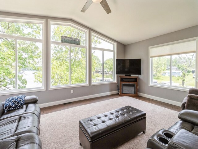 201 Cottage Ln, Montezuma, IA 50171 - living area featuring lofted ceiling, healthy amount of natural light, ceiling fan, baseboards, and wood finished floors