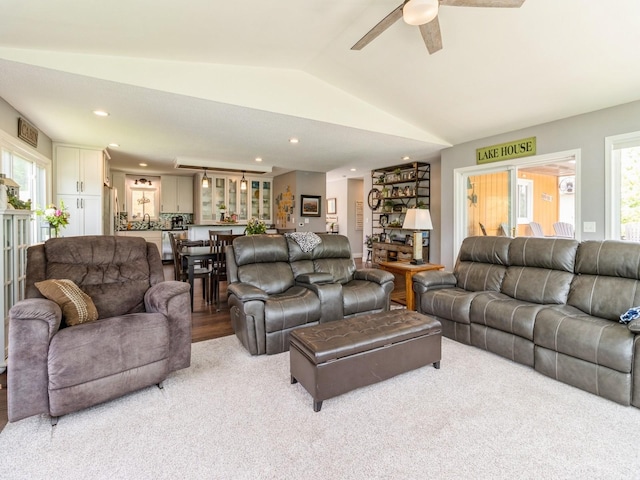 201 Cottage Ln, Montezuma, IA 50171 - living area featuring lofted ceiling, a ceiling fan, recessed lighting, and light carpet