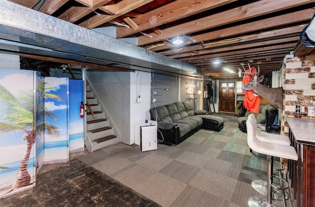 3020 62nd St, Des Moines, IA 50322 - unfinished basement featuring stairway and carpet floors