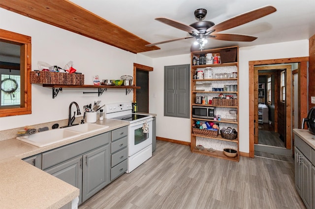 3020 62nd St, Des Moines, IA 50322 - kitchen featuring open shelves, electric stove, stainless steel microwave, a sink, and gray cabinets