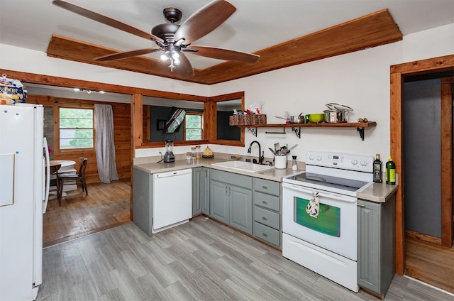 3020 62nd St, Des Moines, IA 50322 - kitchen with white appliances, a sink, gray cabinetry, ceiling fan, and light countertops