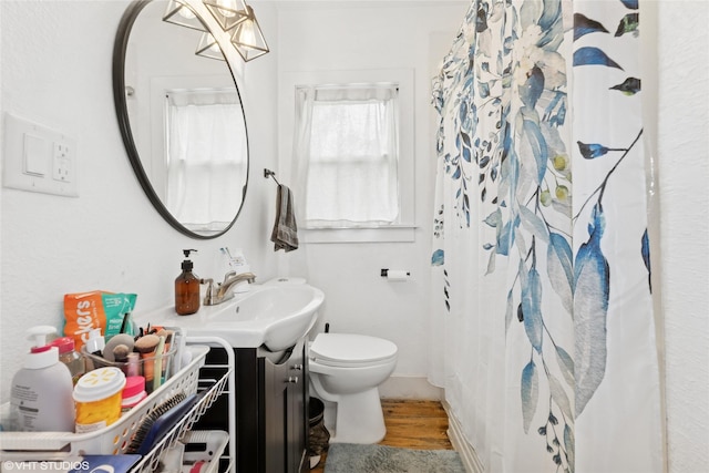 5713 Clark Blvd, Des Moines, IA 50311 - bathroom with vanity, toilet, wood finished floors, and curtained shower