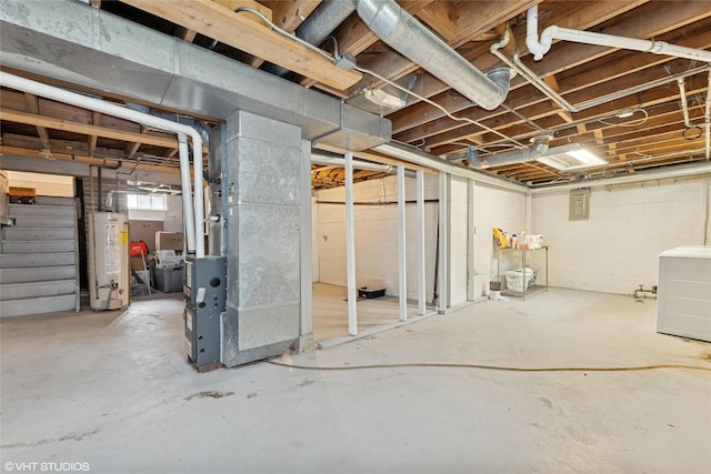 5713 Clark Blvd, Des Moines, IA 50311 - below grade area featuring gas water heater, stairway, heating unit, and electric panel