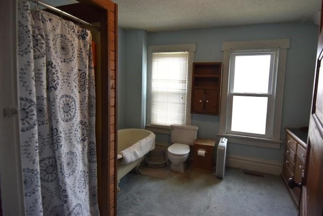 231 S 1st St, Ogden, IA 50212 - full bath featuring toilet, a shower with shower curtain, vanity, and a textured ceiling
