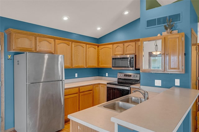 810 NE 5th St, Ankeny, IA 50021 - kitchen featuring appliances with stainless steel finishes, a peninsula, vaulted ceiling, a sink, and light countertops