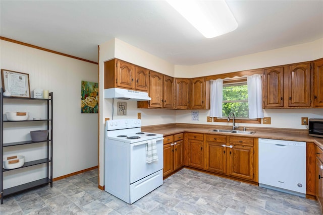 403 S Elm St, Lamoni, IA 50140 - kitchen featuring white appliances, a sink, under cabinet range hood, brown cabinetry, and stone finish floors