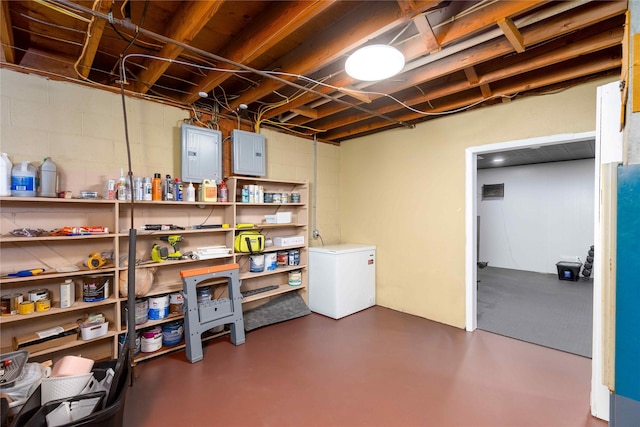 403 S Elm St, Lamoni, IA 50140 - unfinished basement featuring refrigerator, electric panel, and concrete block wall