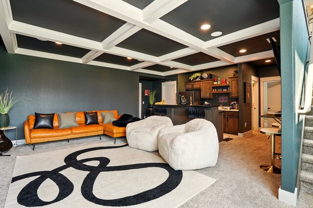1108 NE Forest Ridge Ct, Ankeny, IA 50021 - living room featuring light colored carpet, bar with sink, coffered ceiling, beam ceiling, and stairway