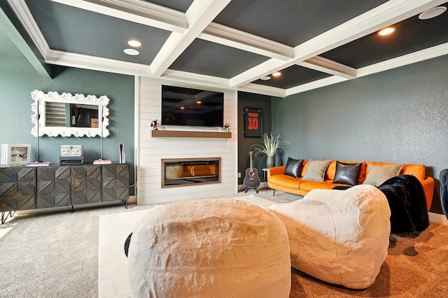 1108 NE Forest Ridge Ct, Ankeny, IA 50021 - living room with carpet floors, ornamental molding, beamed ceiling, coffered ceiling, and a large fireplace