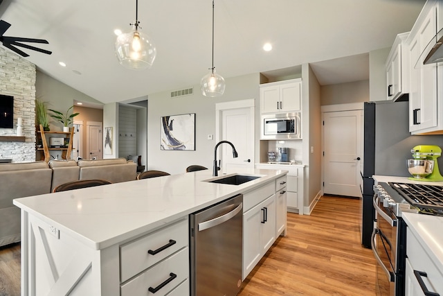 1108 NE Forest Ridge Ct, Ankeny, IA 50021 - kitchen with stainless steel appliances, a sink, open floor plan, ceiling fan, and light wood-style floors