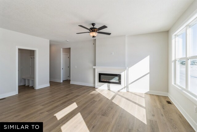4208 NE 5th St, Ankeny, IA 50021 - unfurnished living room featuring plenty of natural light, a glass covered fireplace, light wood-type flooring, and ceiling fan