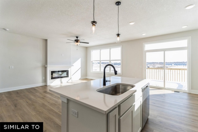 4208 NE 5th St, Ankeny, IA 50021 - kitchen with a sink, a textured ceiling, open floor plan, decorative light fixtures, and ceiling fan
