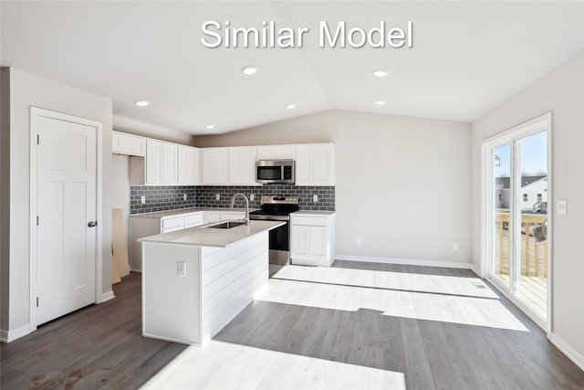 405 Napoli Ave, West Des Moines, IA 50266 - kitchen featuring appliances with stainless steel finishes, healthy amount of natural light, wood finished floors, a kitchen island with sink, and lofted ceiling