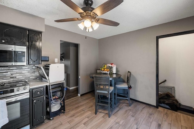 1863 Glenwood Cir, Des Moines, IA 50320 - kitchen with appliances with stainless steel finishes, ceiling fan, light countertops, light wood-type flooring, and backsplash