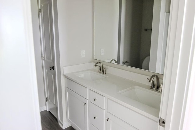5515 167th St, Urbandale, IA 50323 - bathroom featuring double vanity and wood finished floors