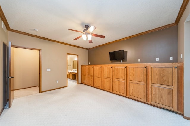 8148 Durham Cir, Johnston, IA 50131 - unfurnished bedroom with light colored carpet, crown molding, baseboards, ensuite bath, and ceiling fan