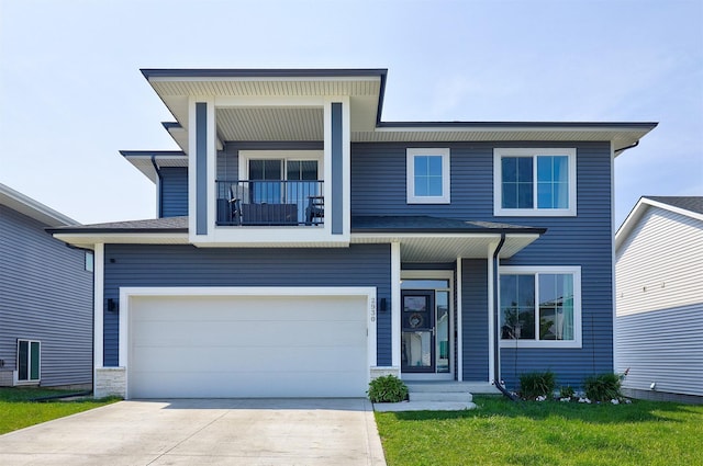 2930 Kestrel St, Norwalk, IA 50211 - view of front of property with driveway, a garage, a balcony, and a front lawn